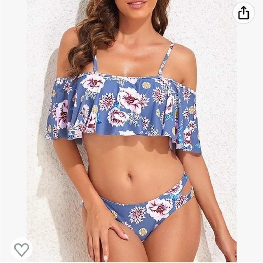 NWT- Tempt Me Blue Floral Ruffle Off the Shoulder Bikini